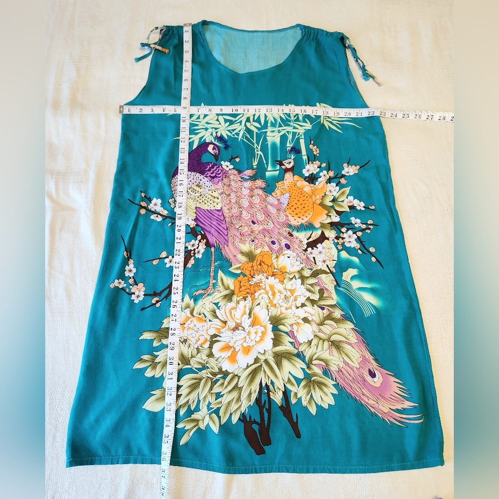 Teal Peacock Print Tunic Midi Dress🦚95% Cotton - Picture 3 of 8